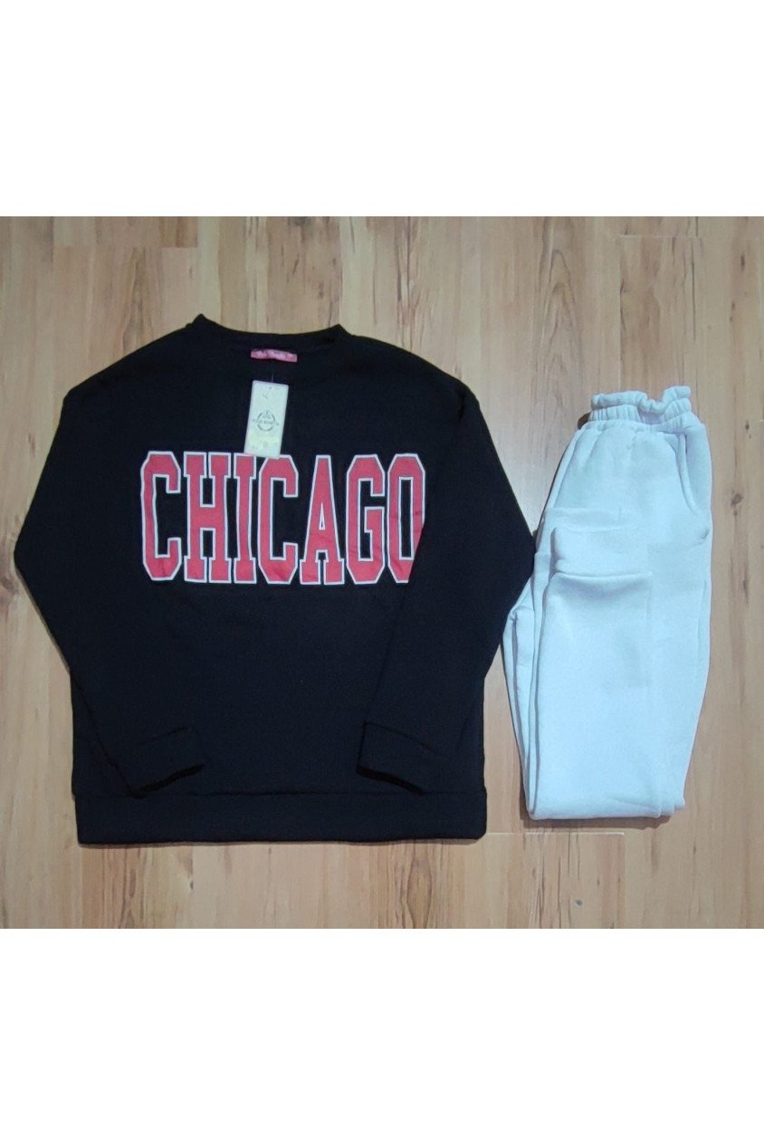 Kadın İçi Polarlı Üç İplik Kumaş Chicago Baskılı İkili Takım