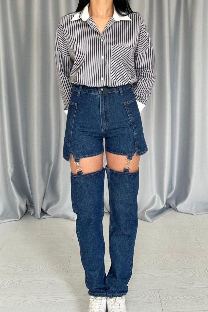 Mavi Askılı İki Parça Jeans Pantolon