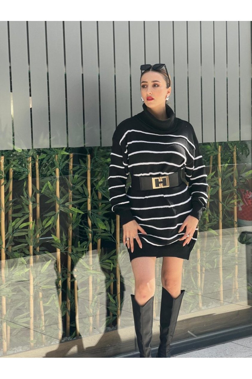 Kadın Uzun Kollu Degaje Yaka çizgili Sonya Iplik Mini Boy Triko Elbise (kemersiz)