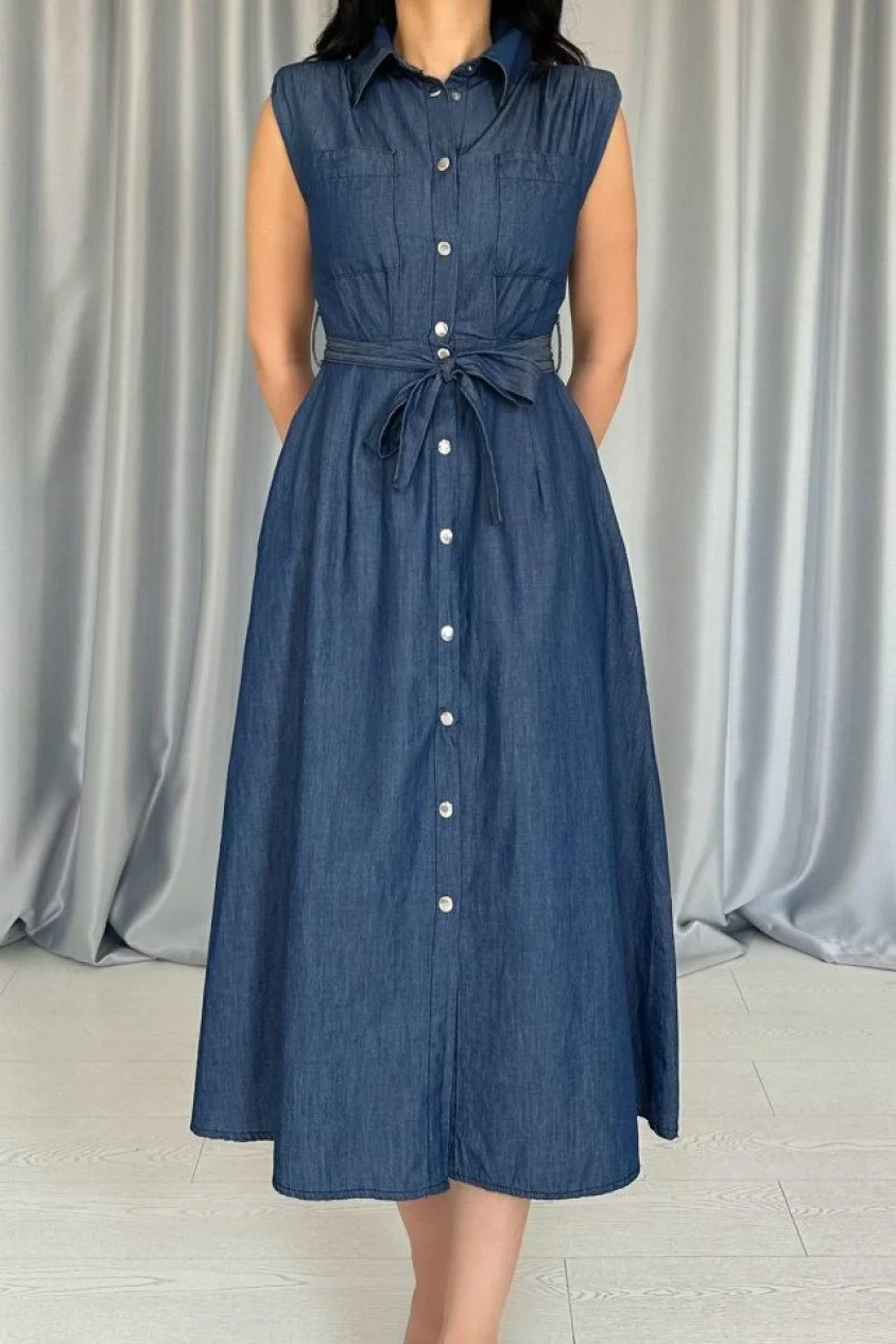 Mavi Tencel Çıtçıtlı Elbise