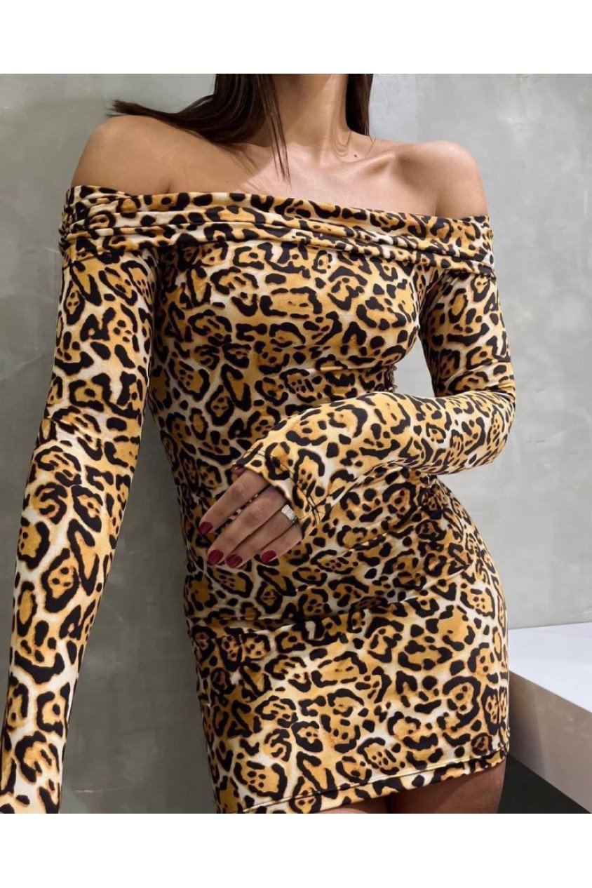 Kadın Madonna Mendil Yaka Leopar Desen Mini Elbise