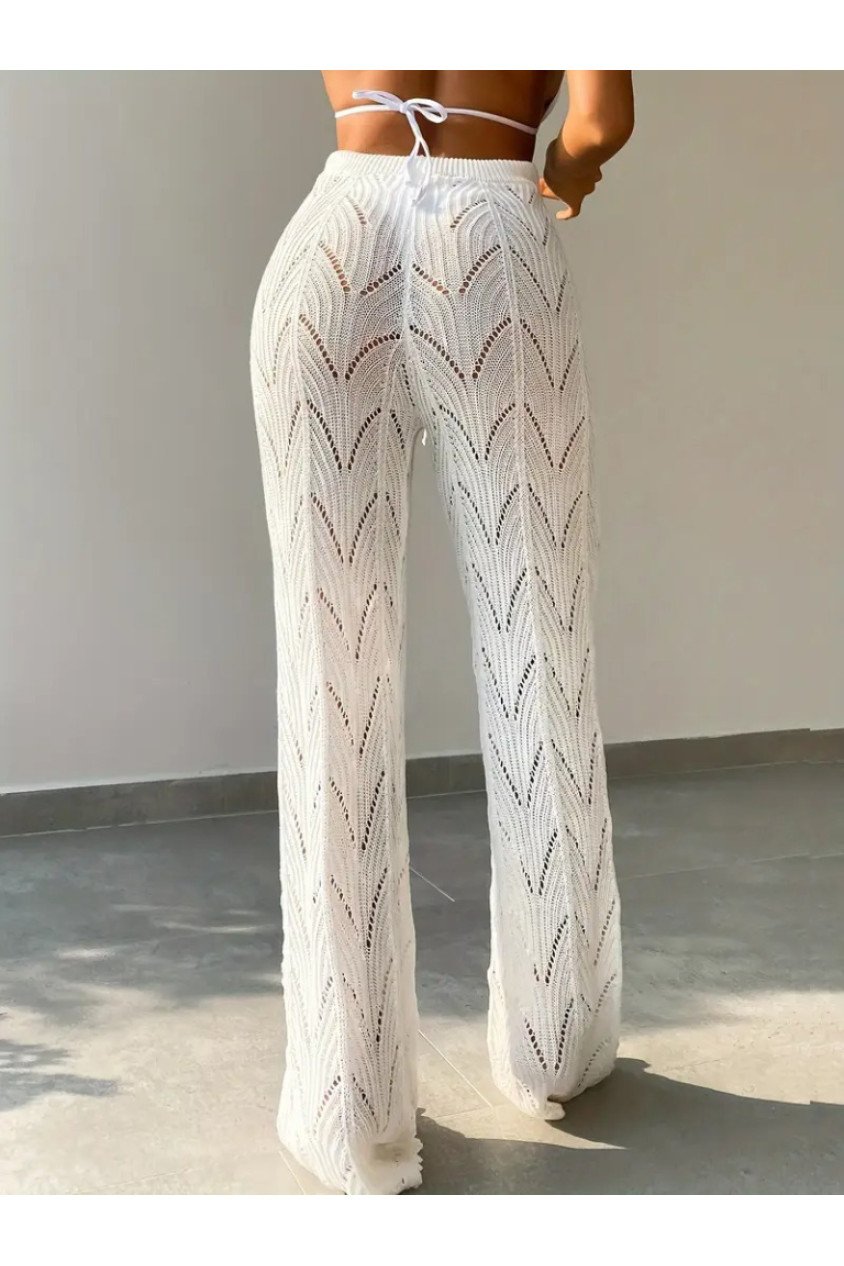 Kadın Yüksek Bel Bağcıklı Desenli Triko Plaj Pantolon