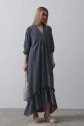 Çizgili Oversize V Yaka Elbise - Lacivert