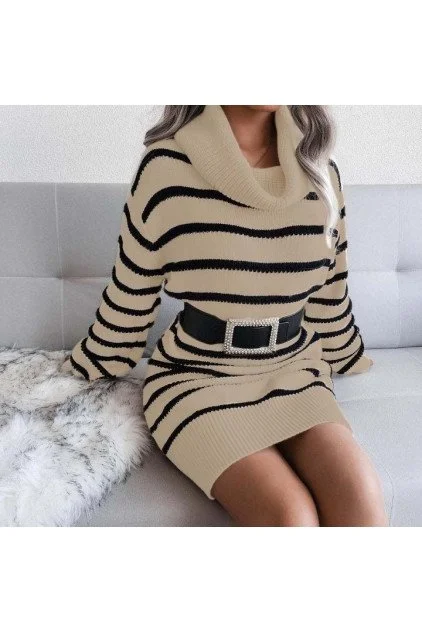 Kadın Uzun Kollu Degaje Yaka çizgili Sonya Iplik Mini Boy Triko Elbise (kemersiz)