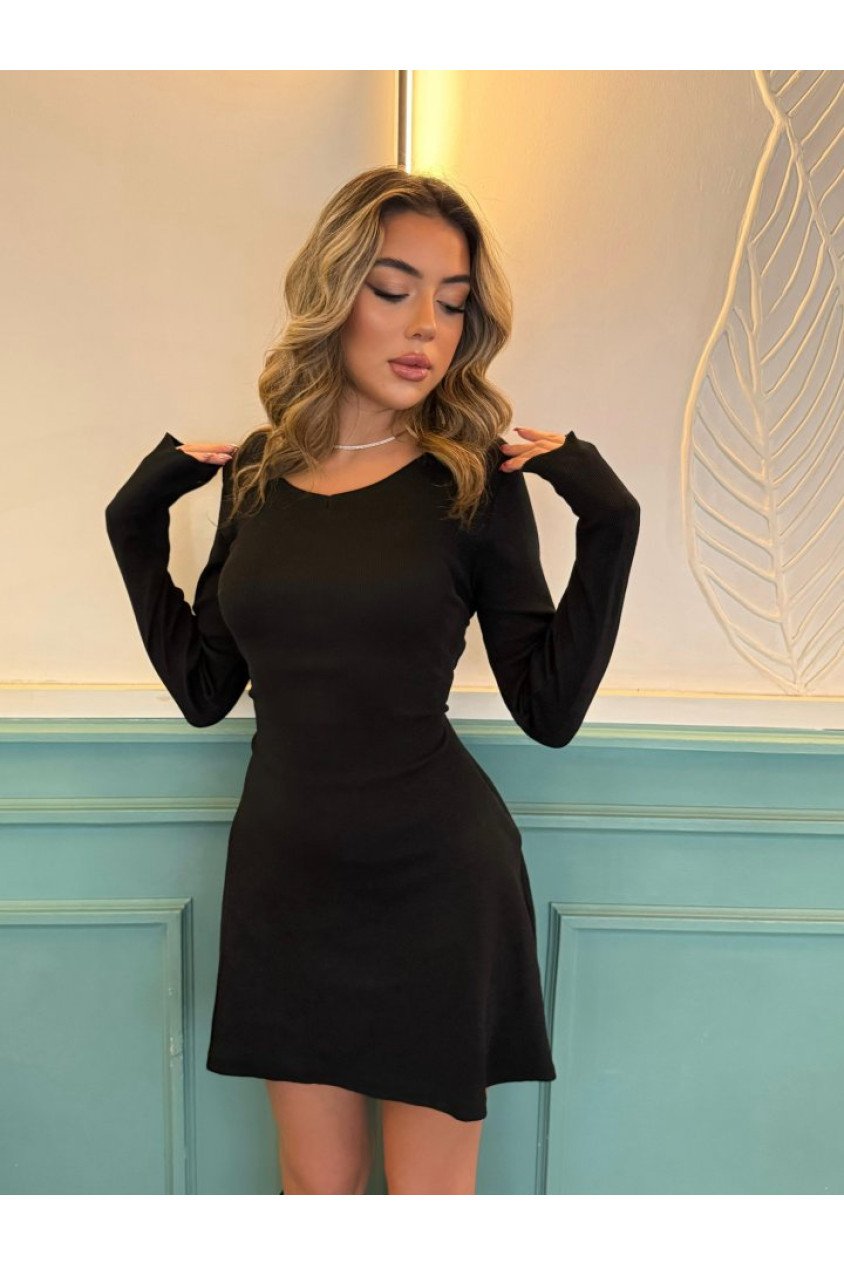 Kadın Uzun Kollu Bisiklet Yaka Kısa Kaşkorse Elbise