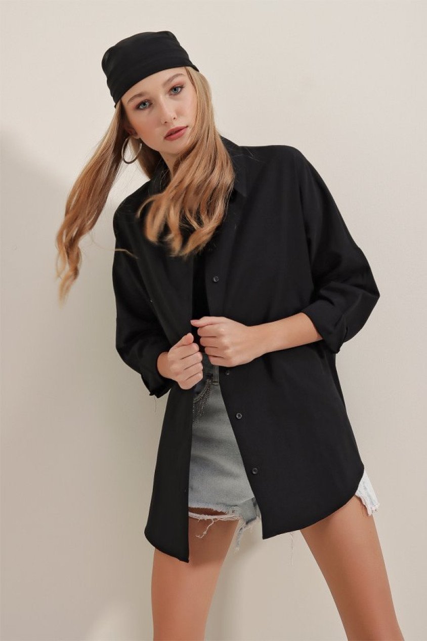 3900 Oversize Uzun Basic Gömlek - Siyah