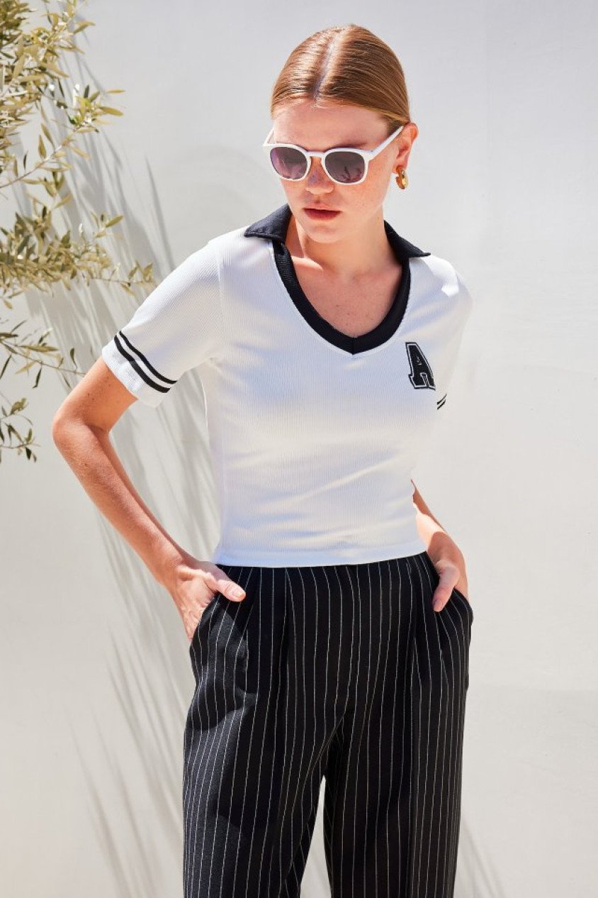 4320 Polo Yaka Basic Triko Bluz - Beyaz