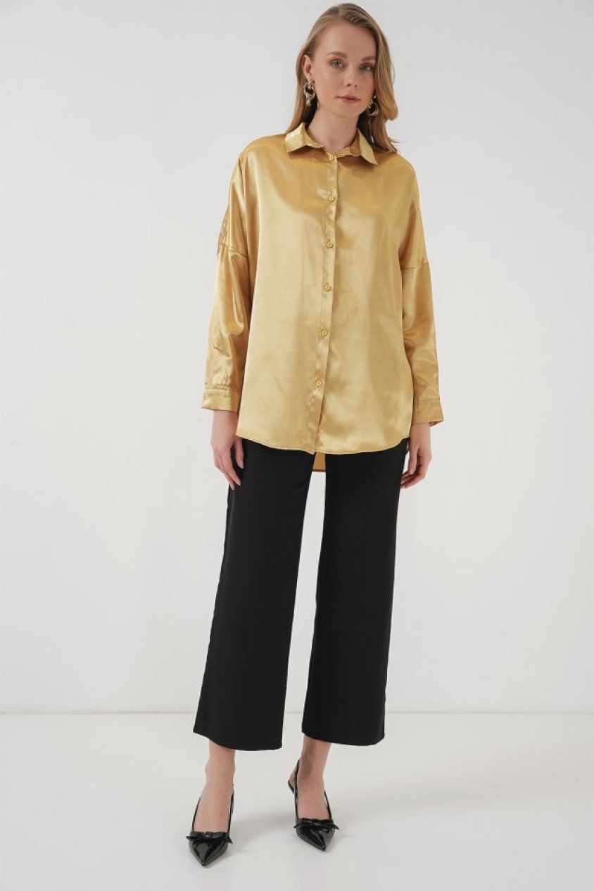3985 Oversize Saten Gömlek - Altın Sarısı