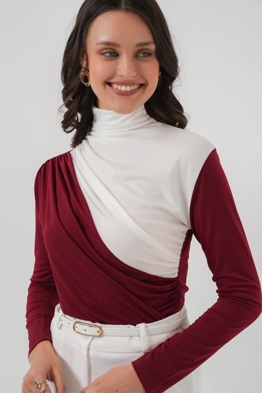 940 Büzgü Detaylı Sandy Bluz - Bordo