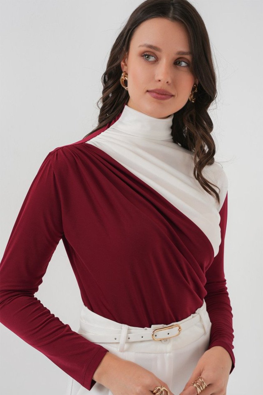 940 Büzgü Detaylı Sandy Bluz - Bordo