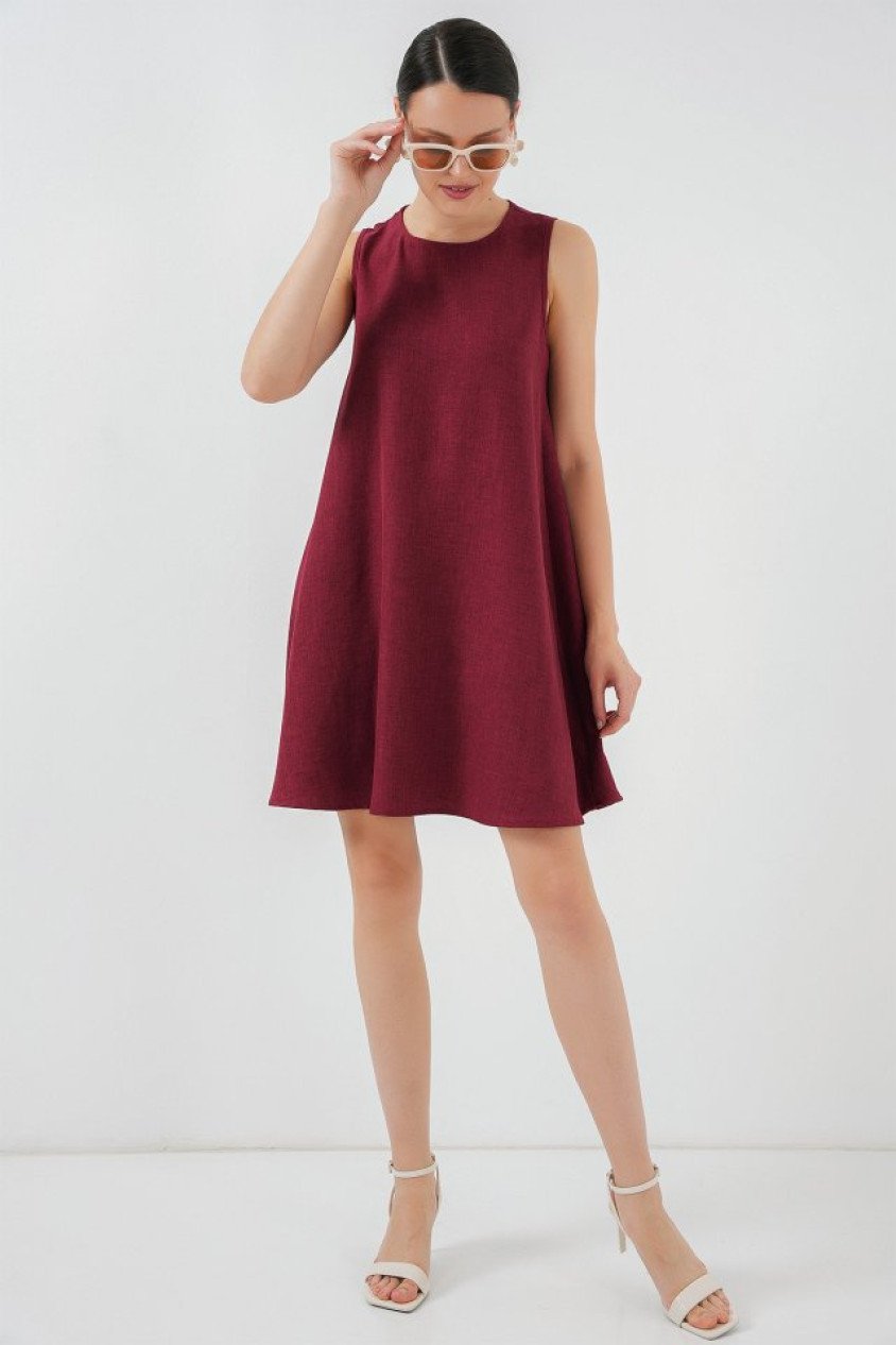 2444 Mini Keten Elbise - Bordo