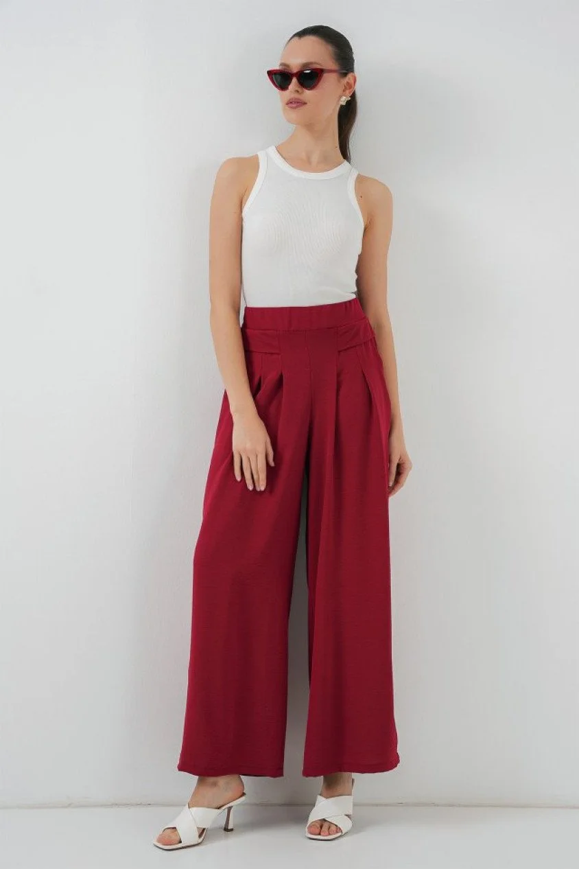 Geniş Paça Pileli Pantolon 6718 - Kırmızı