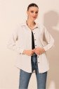 Krem Düz Oversize Uzun Basic Gömlek 3900