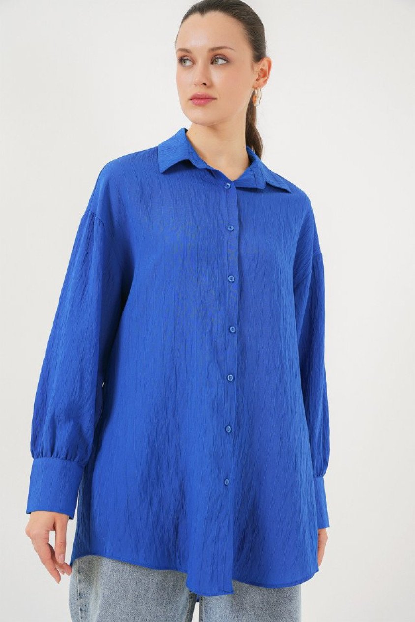Çizgili Uzun Gömlek Tunik 5963 - Saks