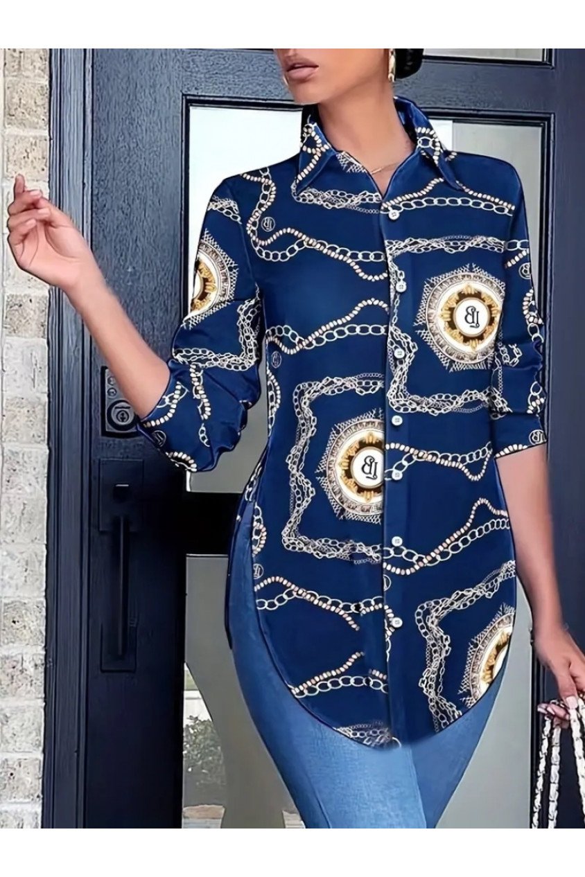 Kadın Uzun Kollu Yanları Yırtmaç Detay Desenli Gömlek