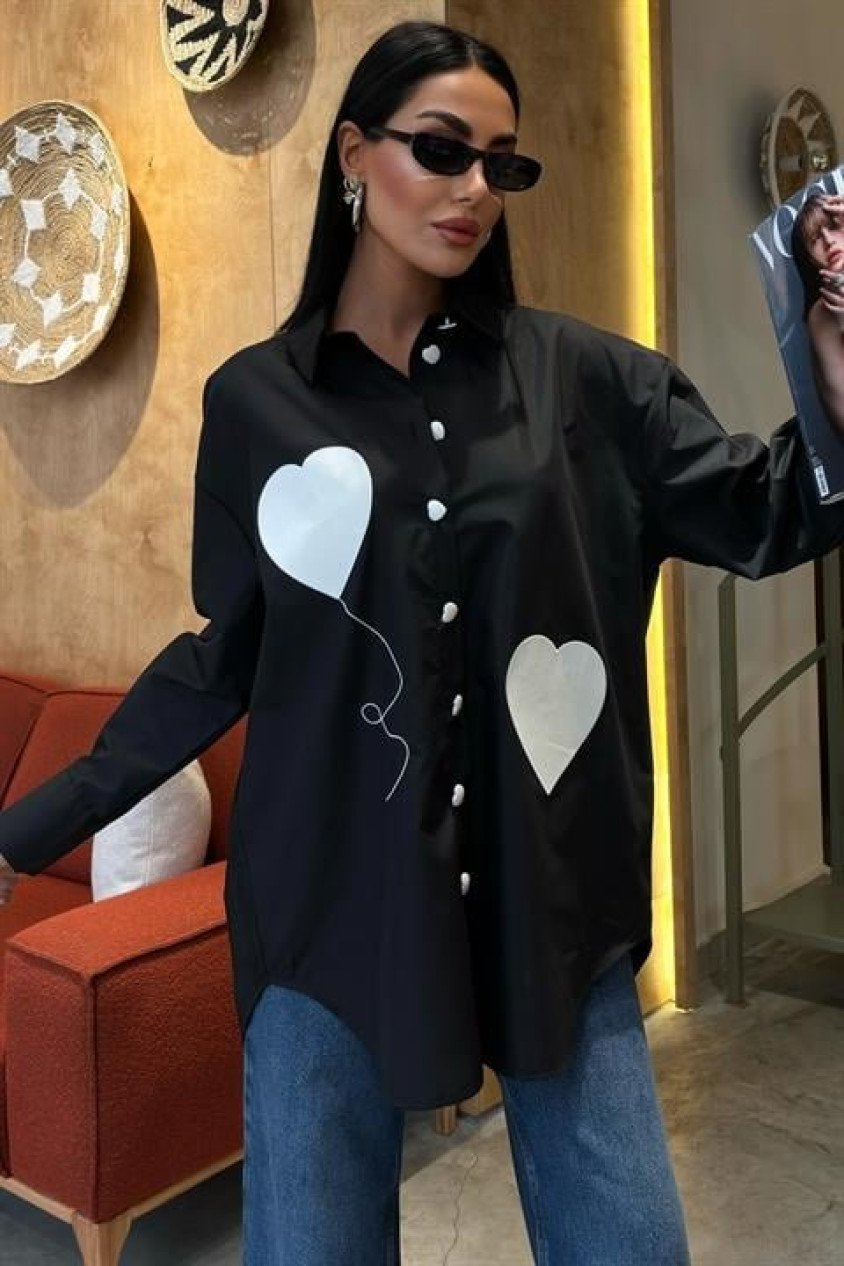 Kalp Nakışlı Ve Düğme Detaylı Oversize Gömlek 3430