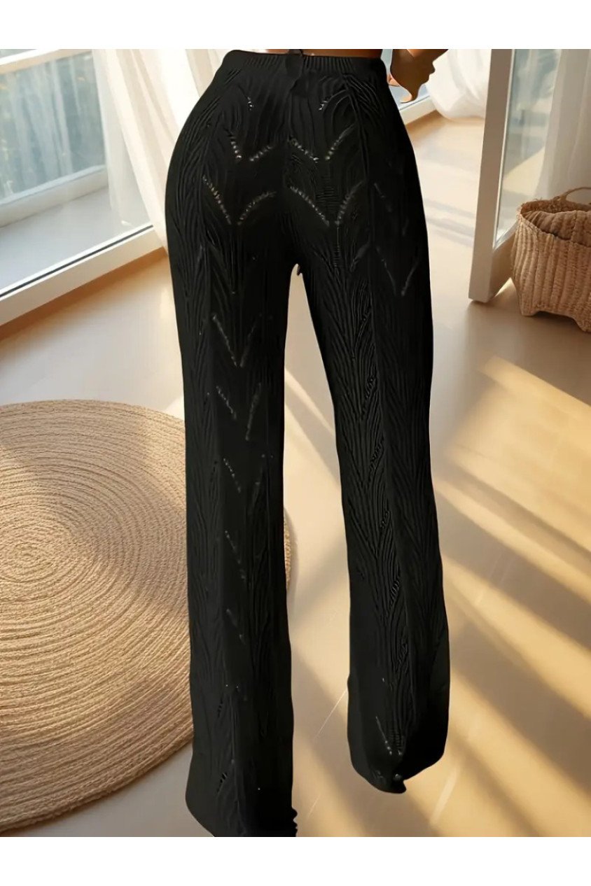 Kadın Yüksek Bel Bağcıklı Desenli Triko Plaj Pantolon