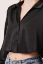 Saten Crop Model Siyah Gömlek