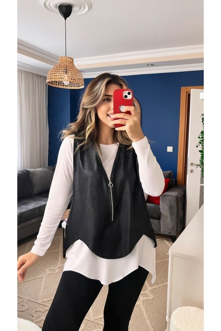 Kadın Uzun Kol Asimetrik Kesim Viskon Bluz Ve çatlak Deri Görünümlü Fermuar Detaylı Yelek Ikili Takım