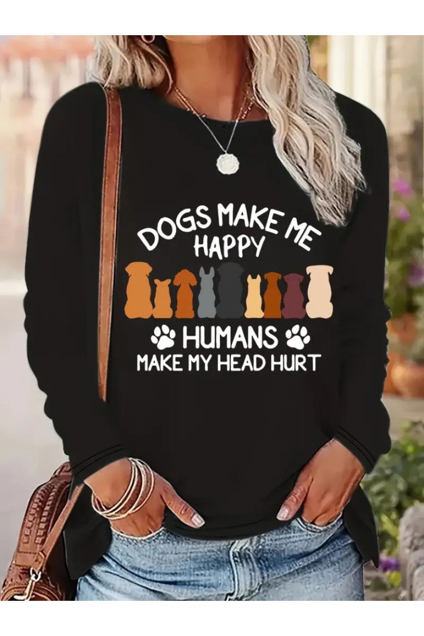 Kadın Uzun Kollu Bisiklet Yaka Köpek Resimli Viskon Bluz