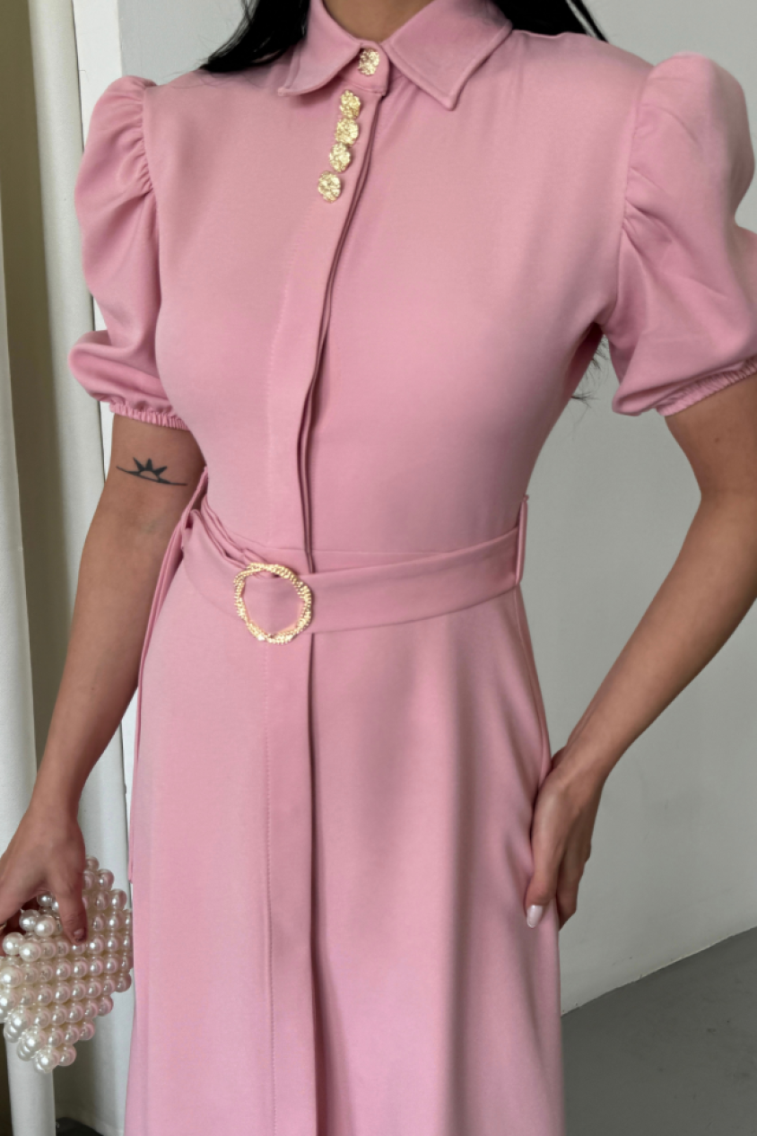 YAKA DÜĞME DETAYLI ELBİSE- Pembe