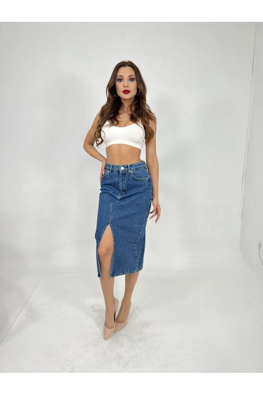 6478 DENİM MIDI SLIT SKIRT-MAVİ