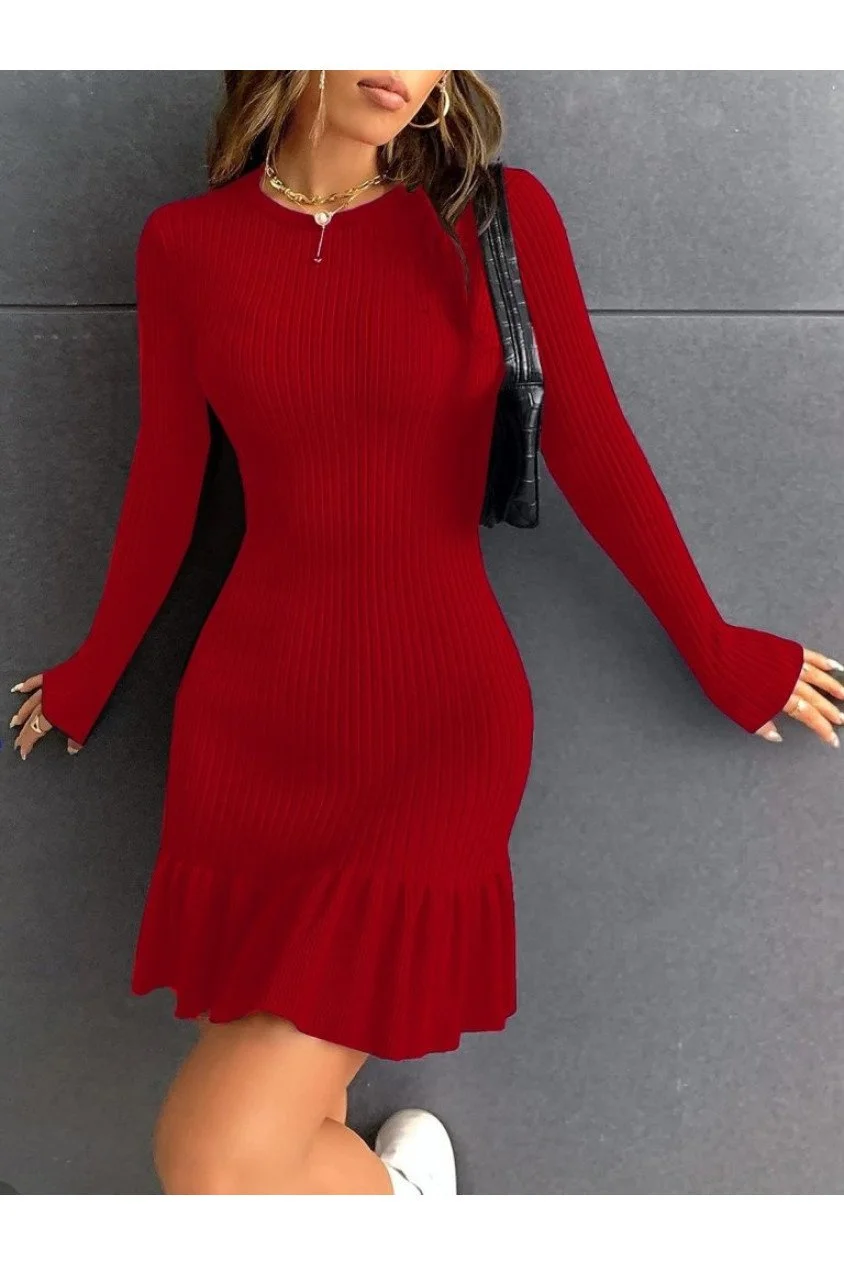 Kadın Bisiklet Yaka Uzun Kol Etek Ucu Fırfırlı Triko (polyenit) Yılbaşı özel Mini Boy Elbise