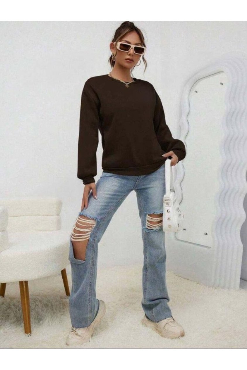Kadın Uzun Kollu Bisiklet Yaka şardonlu üç Iplik Kumaş Sweat