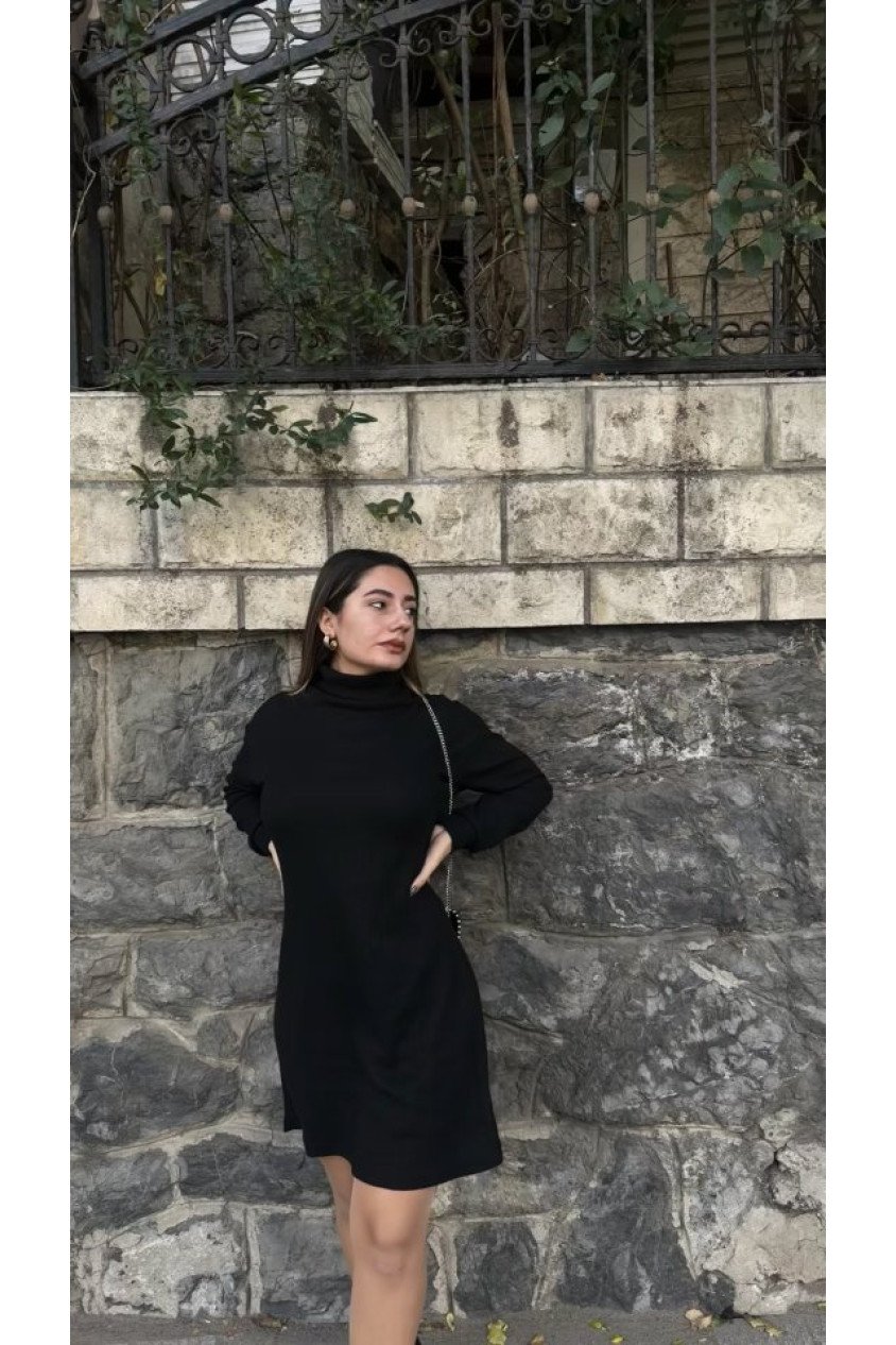 Kadın Uzun Kollu Balıkçı Yaka Kısa şardonlu Kaşkorse Elbise
