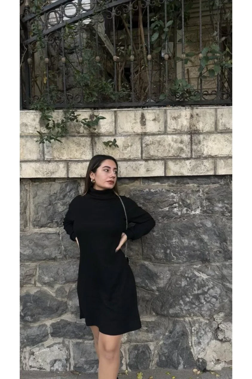 Kadın Uzun Kollu Balıkçı Yaka Kısa şardonlu Kaşkorse Elbise