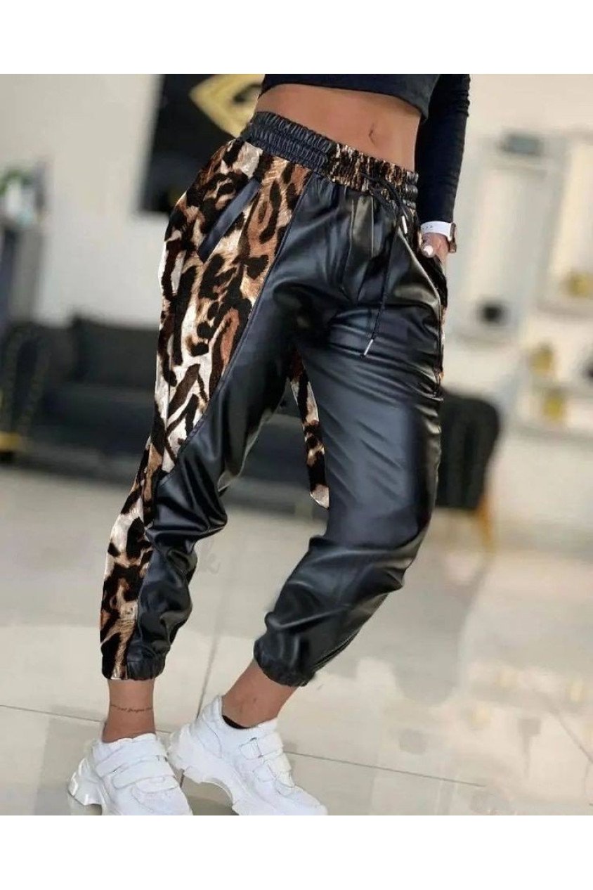Kadın Bel Ve Paça Lastikli Detay Yanları Leopar Detay Bağcıklı Deri Pantolon