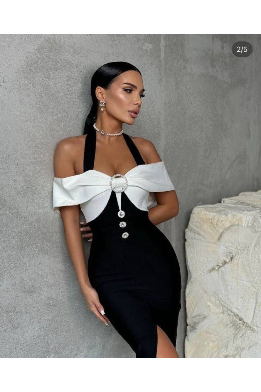 Kadın Madonna Yaka Tasarım Taş Ve Düğme Detay Dalgıç Kumaş Elbise