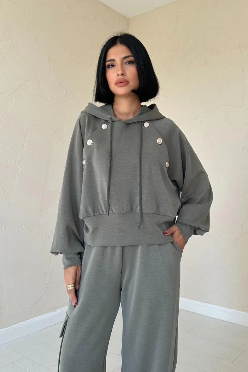 Haki Kapüşonlu Sweatshirt Ve Kargo Pantolon Takım