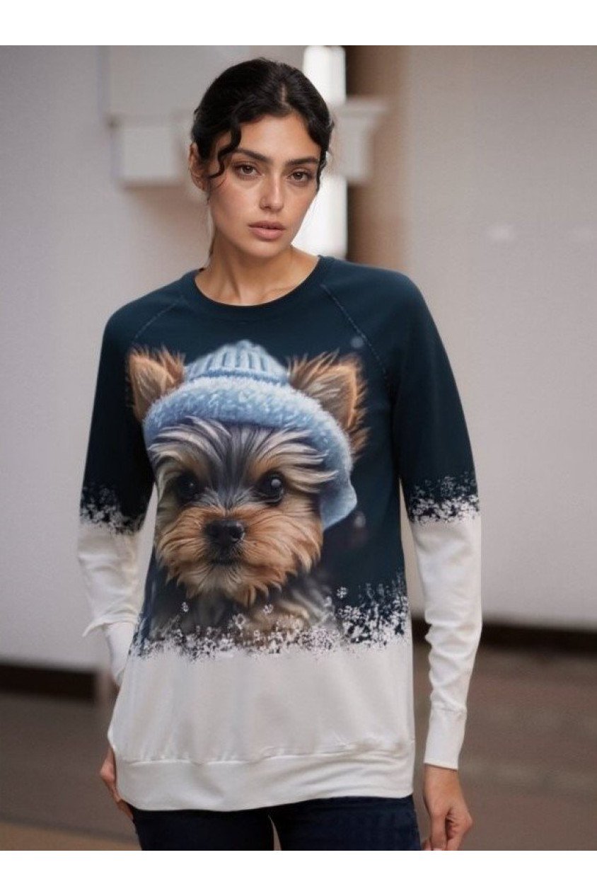 Kadın Uzun Kollu Bisiklet Yaka Köpek Baskılı şardonlu Dalgıç Bluz