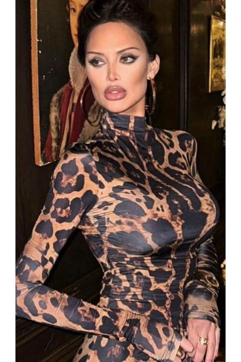 Kadın Yarım Balıkçı Yaka Uzun Kollu Leopar Baskılı Atlas Kumaş Maxi Boy Elbise