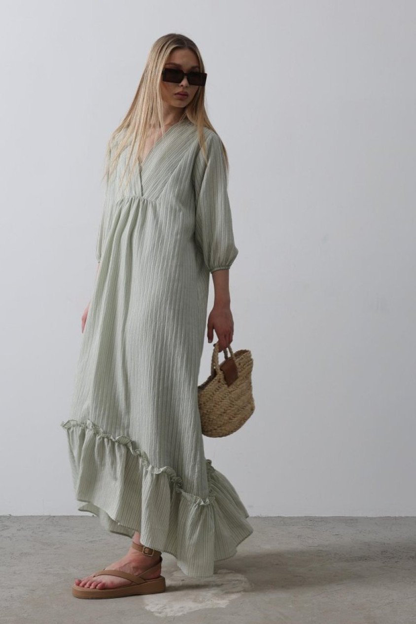 Çizgili Oversize V Yaka Elbise - Haki