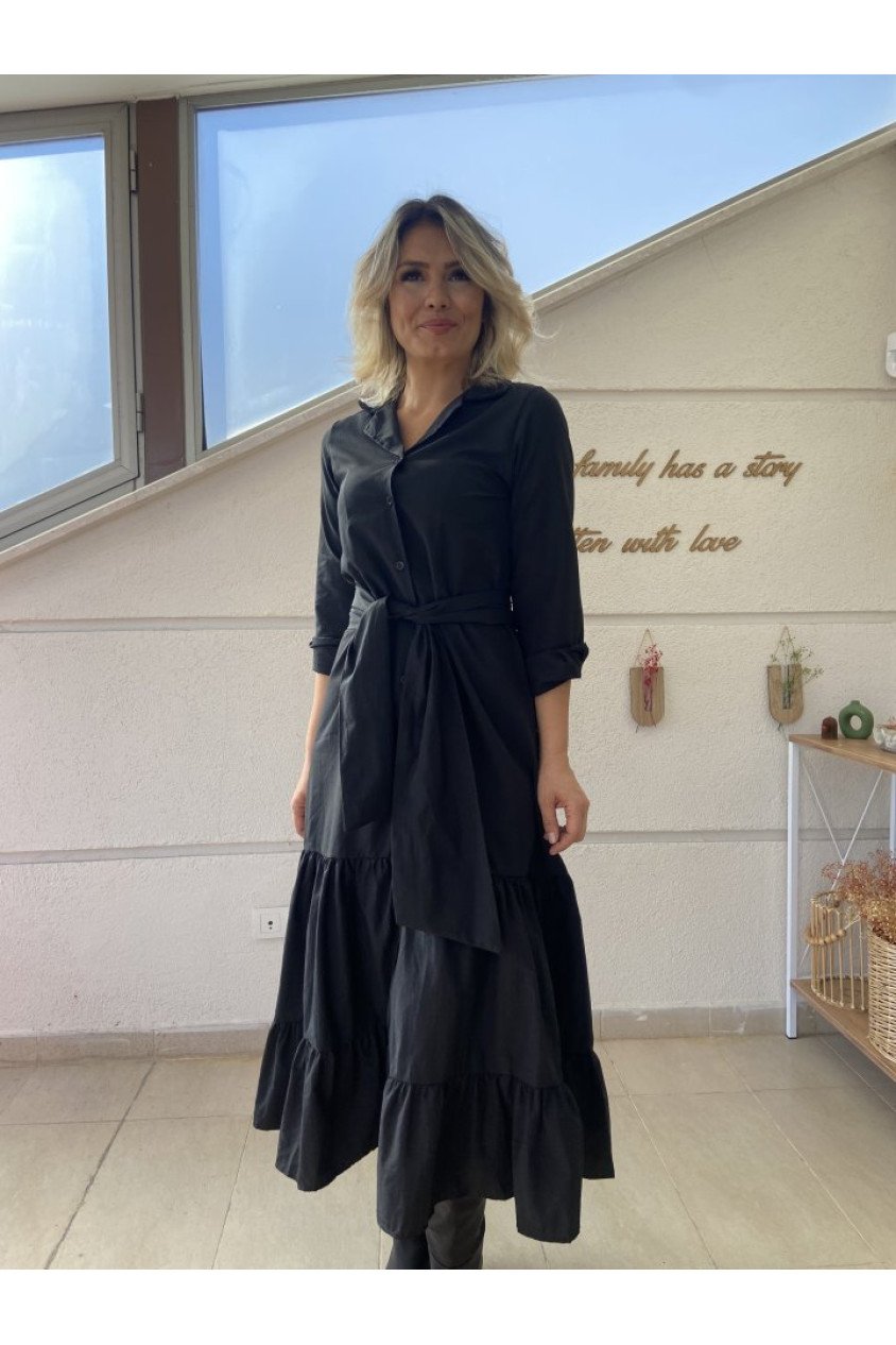 Kadın Uzun Kollu Eteği Fırfırlı Beli Kuşaklı Trikoton Tam Boy Gömlek Elbise