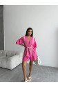 KETEN BEL BÜZGÜLÜ BLUZ-PANTOLON TAKIM - Fuşya