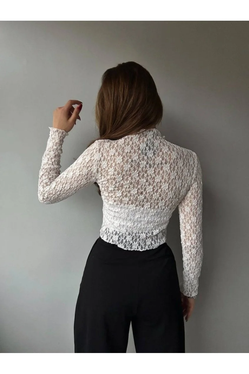 Kadın Likralı Dantel Transparan Uzun Kol Crop Bluz