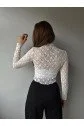 Kadın Likralı Dantel Transparan Uzun Kol Crop Bluz