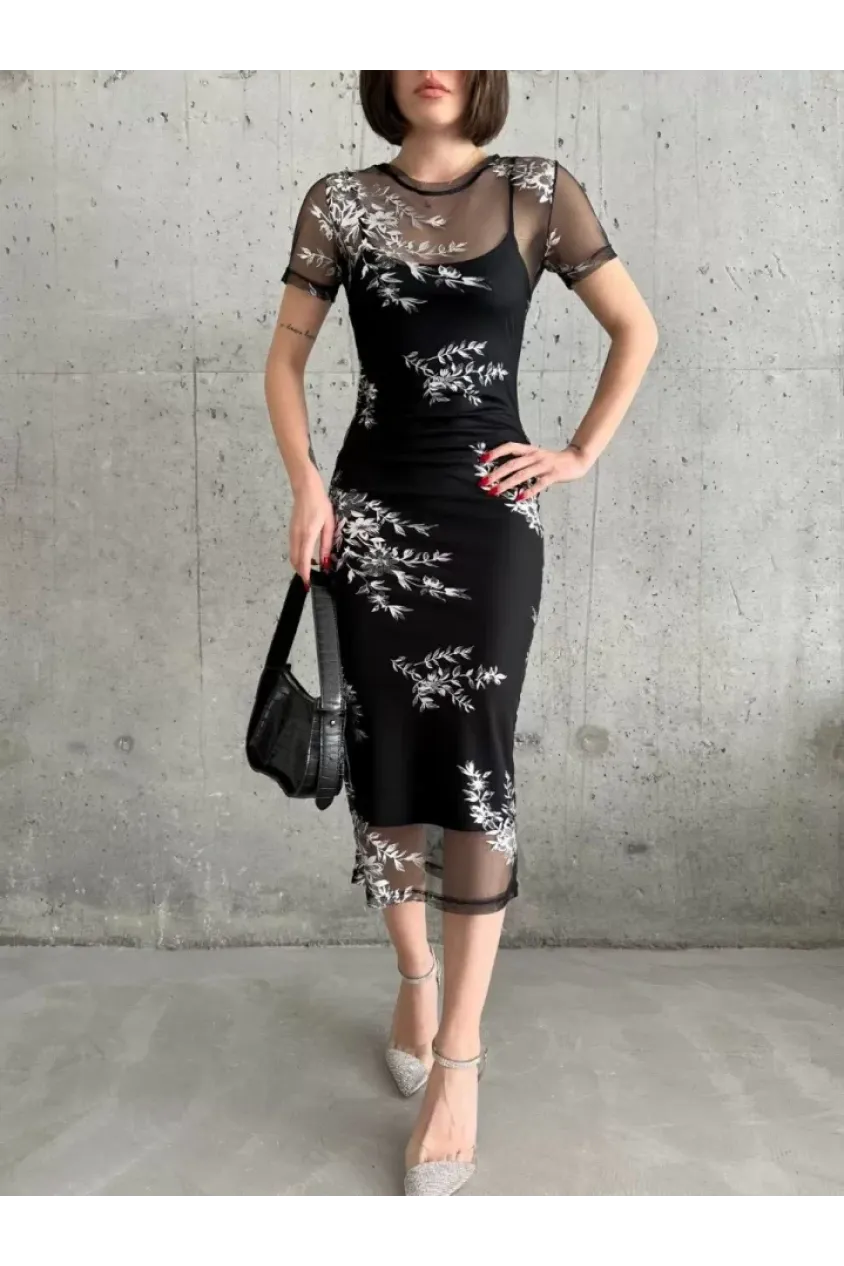 Baskılı Şifon Kimono Elbise - Siyah