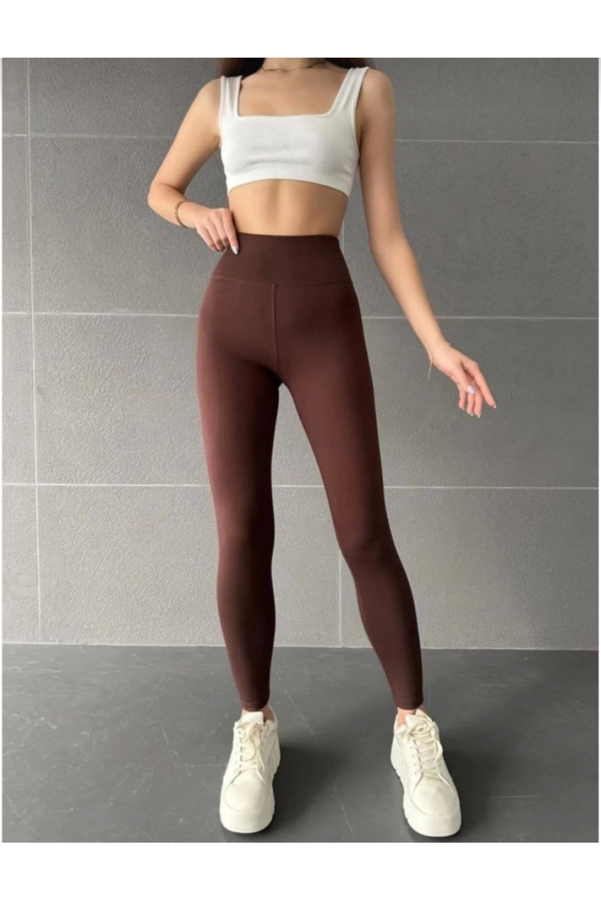 Nonofit Yüksek Bel Düz Özel Tasarım Sporcu Tayt - Kahve