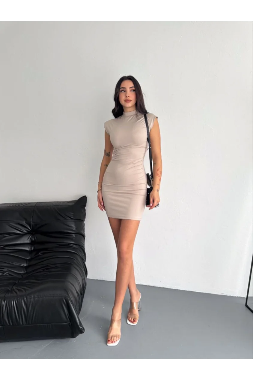 Yarım Bogazlı Kolsuz Mini Boy Elbise - Bej