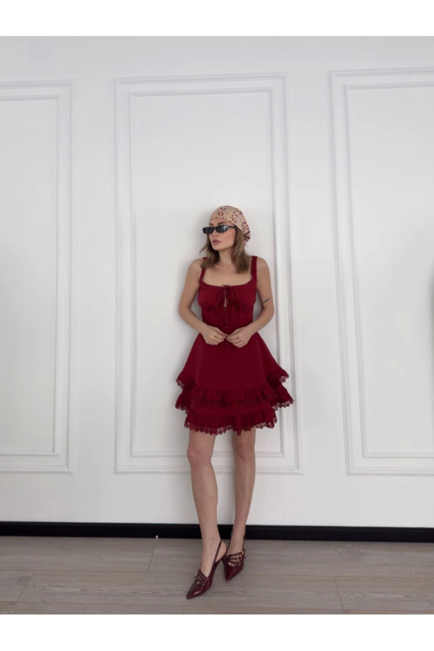 Mini Askılı Elbise - Bordo