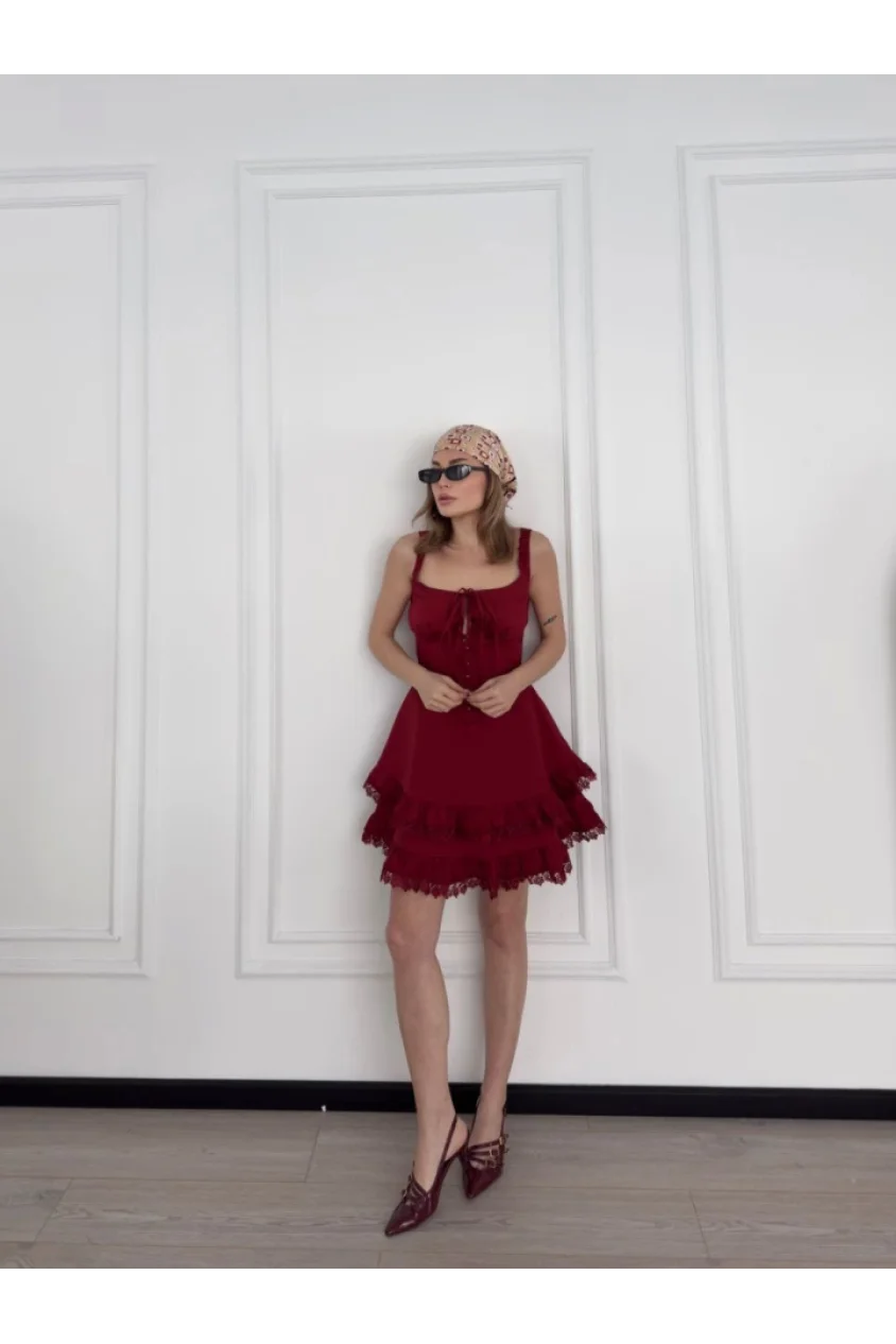 Mini Askılı Elbise - Bordo
