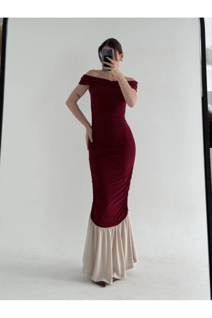 Striptiz Omuzlu Uzun Elbise- Bordo