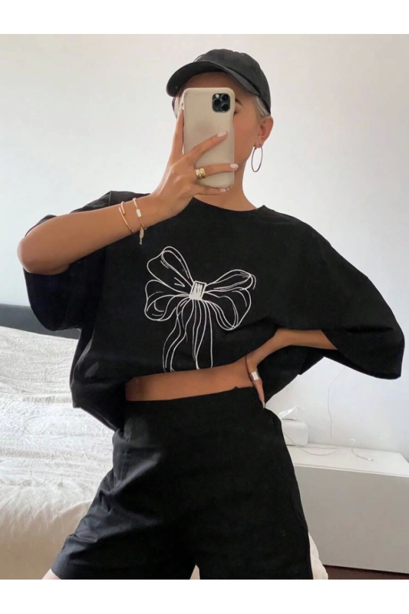 Baskılı Oversize T-shirt - Siyah