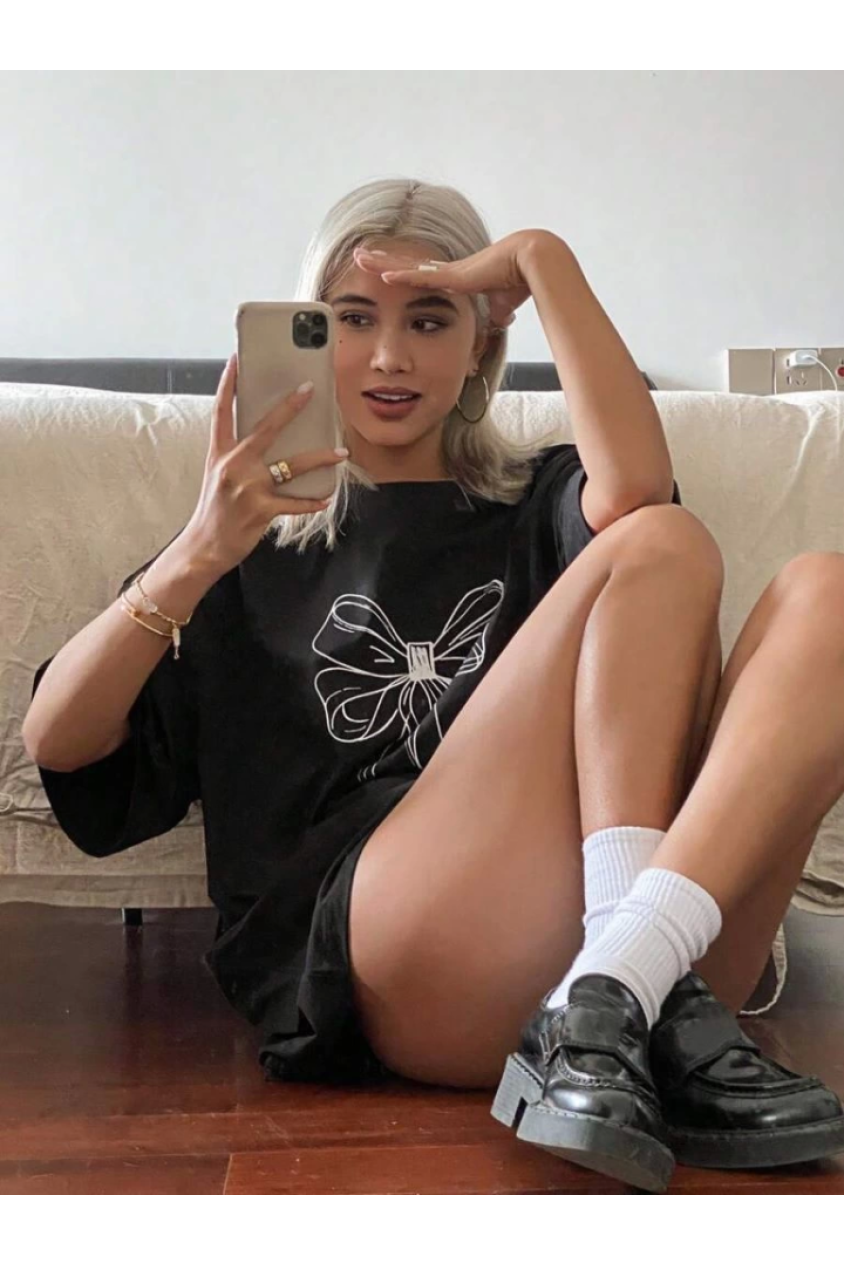 Baskılı Oversize T-shirt - Siyah