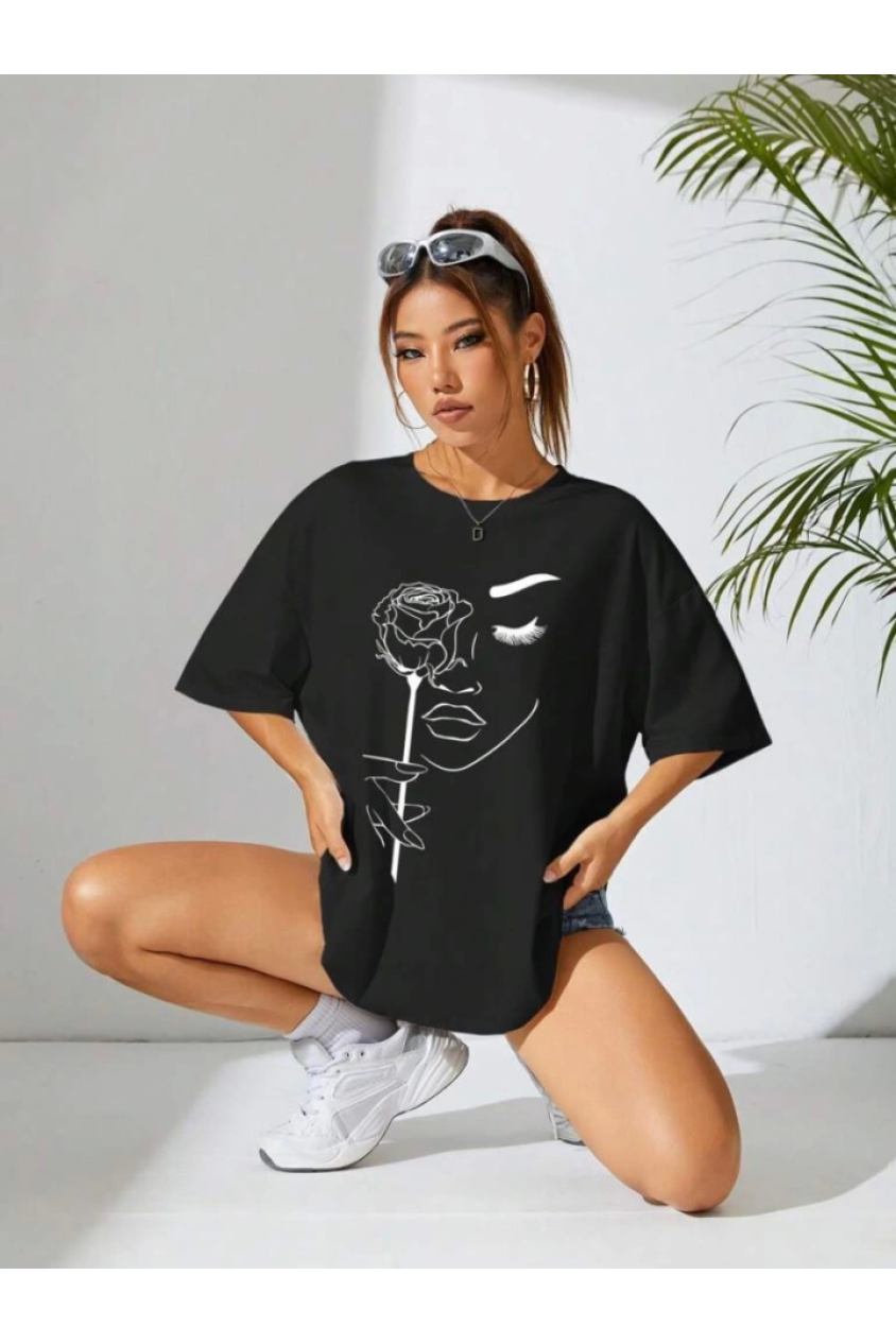 Baskılı Oversize T-shirt - Siyah