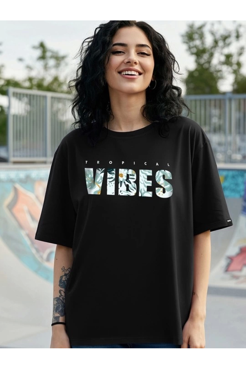 Baskılı Oversize T-shirt - Siyah
